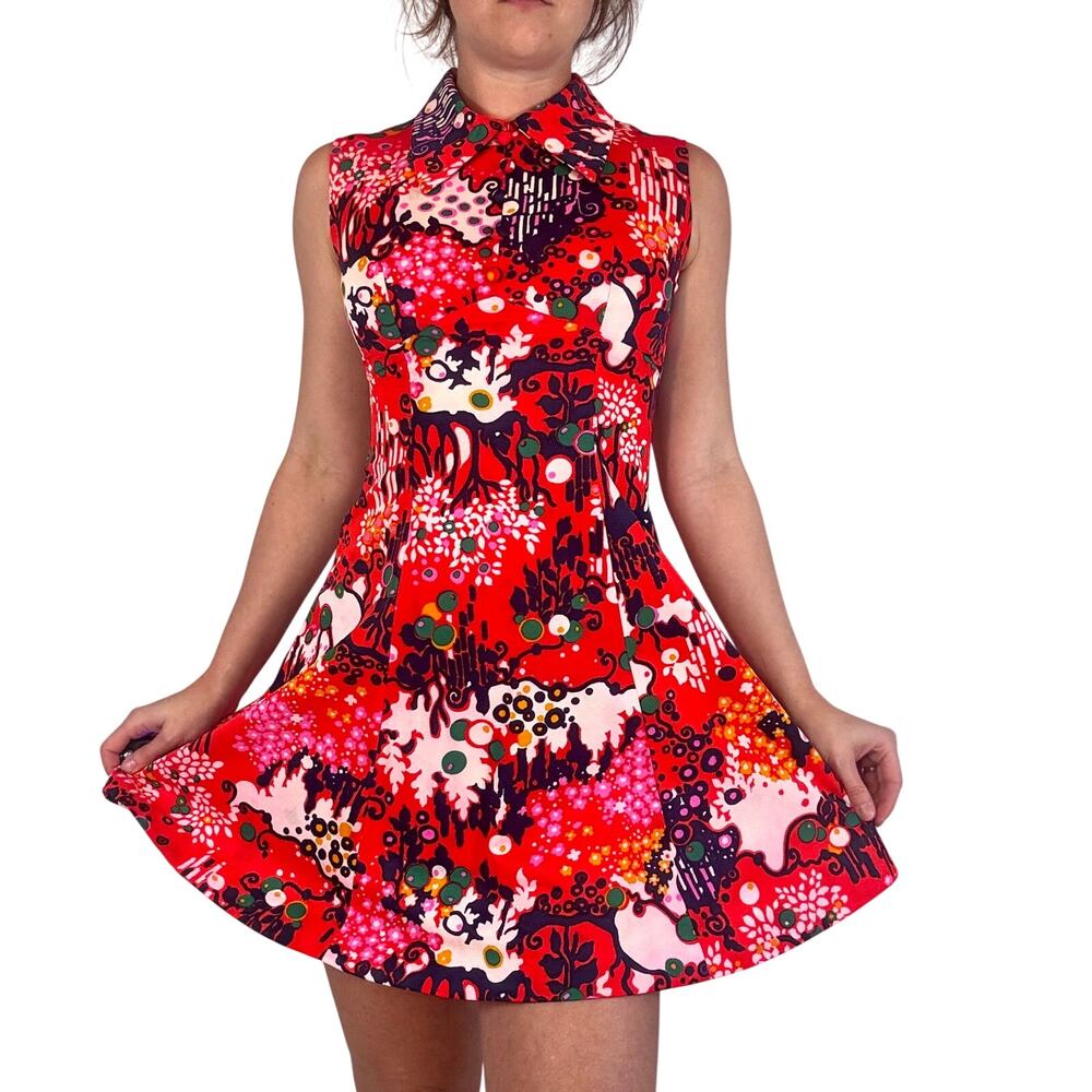 Vintage 1960s Floral Mini Dress Pointed Collar Orange Pink Pop Art Skater Mod